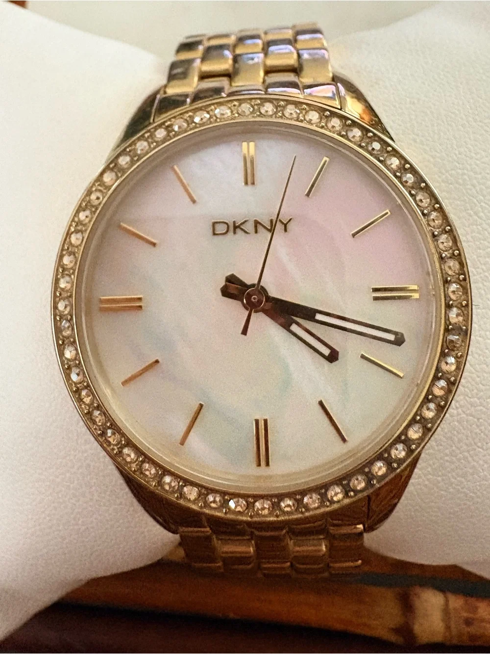 DKNY Gold Tone Crystal Bezel Watch with Mother-of-Pearl Dial Needs Battery